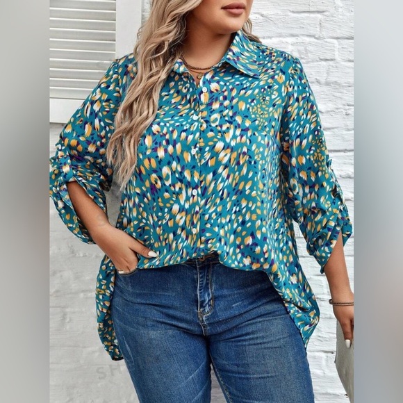 SHEIN LUNE Plus Allover Print Roll Tab Sleeve Shirt 4XL - Picture 3 of 8